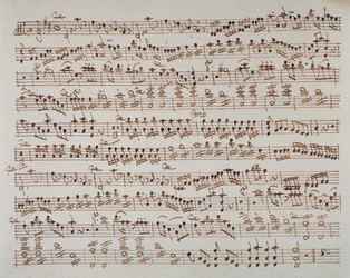 Side med partitur af første violin i Mithridate-ouverture af den østrigske komponist Wolfgang Amadeus Mozart (1756-1791), 1770.